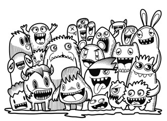 Hand-drawn illustrations, monsters doodle, Hand Drawn cartoon monster illustration,Cartoon crowd doodle hand-drawn Doodle style.black and white stripes coloring  book.