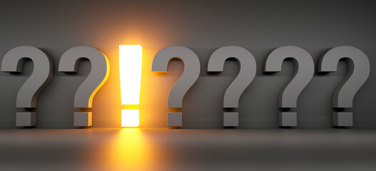 Row of black question mark symbols with luminous exclamation mark between - 3D illustration