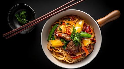Delicious Pad See Ew featuring tender beef, colorful vegetables, and flavorful noodles, beautifully presented in minimalist design. Perfect for food lovers!