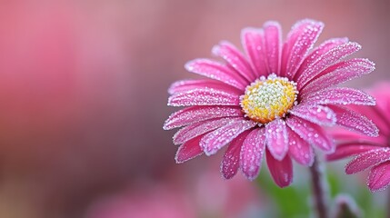 Fototapeta premium Vibrant pink flower with dew drops against a soft, blurred background.