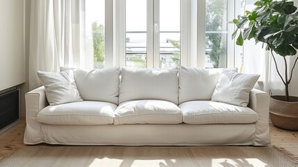 Fototapeta premium White sofa with large cushions in a modern living room with wooden floor and large window with curtains.