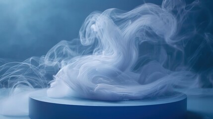 Obraz premium Abstract smoke swirls on a blue platform against a blue background.