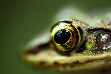 A mesmerizing close-up of a Swinhoe's Frog's eye, revealing details and vibrant colors. The large, golden iris and round, black pupil are set against a backdrop of green and brown skin. Taiwan.
