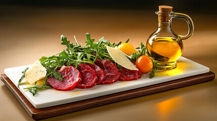 Fresh organic beef carpaccio slices are beautifully arranged with arugula, parmesan cheese, and cherry tomatoes, complemented by drizzle of olive oil, creating delightful and appetizing presentation
