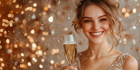 Mujer de 20 años, española, sonriendo sosteniendo una copa de champan brindando por el año nuevo ,con vestido de lentejuelas dorado, fondo dorado con bokeh brillante, concepto celebraciones y fiestas 