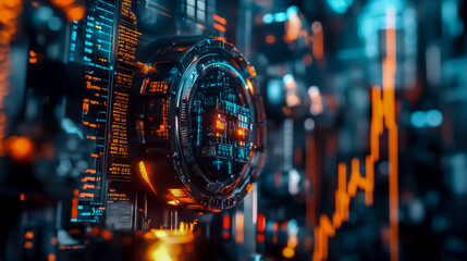 A futuristic digital display shows the stock market with orange and blue lights, holographic charts and graphs, and a dark gray background