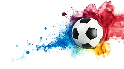 Soccer ball surrounded by colorful paint splatters.