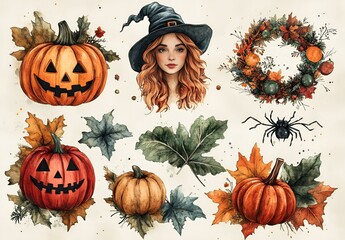 Fototapeta premium a collection of pumpkins and leaves
