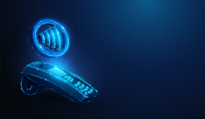 Abstract illustration of low poly contactless payment sign over pos paying terminal. Geometric background depicting RFID technology and near-field communication for payments concept by wireframe mesh