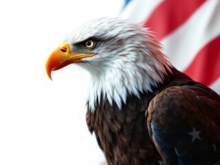 Obraz premium Bald eagle on the background of american flag. Animal symbol of country, patriotism, national pride, celebration concept.