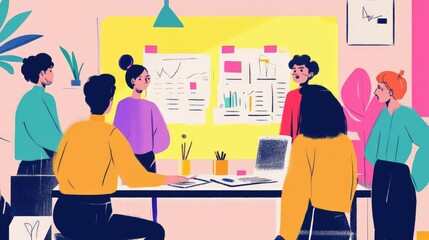 Diverse team using smart tools for collaborative project planning, illustration