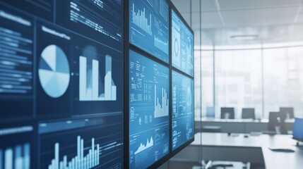 Obraz premium A sophisticated AI-powered predictive analytics platform, modern office with large data visualization screens and real-time analytics tools, Business style