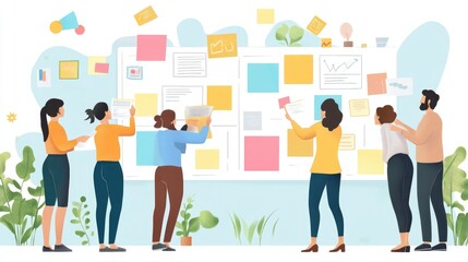 Fototapeta premium Diverse team using smart tools for collaborative project planning, illustration