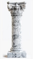 Single elegant marble pillar standing tall and symmetrical isolated on a clean white background with fine details of the stone texture creating a classic architectural vibe