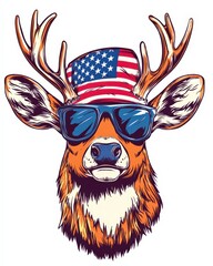Deer Celebrates Independence Day in Sunglasses with Patriotic Hat and Fun Vibes