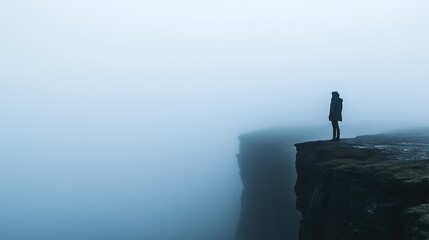 Obraz premium A person stands alone on a rocky cliff edge, enveloped in fog. The atmosphere is heavy with a sense of isolation and introspection during this gloomy moment