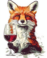 Charming Fox Enjoying Wine Tasting with a Glass of Red in Hand - Illustrated Art