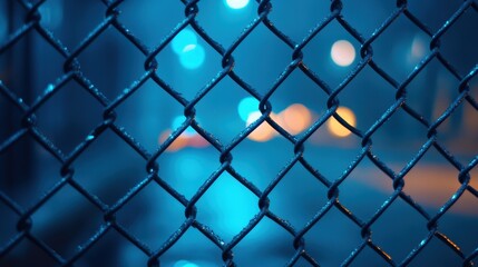 Fototapeta premium Close-up of Metal Chain Link Fence with Blue Lighting and Depth of Field