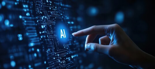 Fototapeta premium AI Hand Reaches Out to Human Finger on Dark Blurred Blue Background