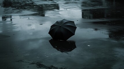 Raindrops fall steadily as a solitary black umbrella sits on the wet pavement, reflecting the somber mood of the surrounding empty urban space. The scene evokes feelings of solitude