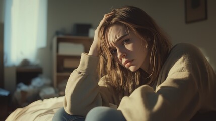Obraz premium In a softly lit room, a young woman sits on her bed, her expression pensive as she reflects on her emotional struggles, conveying a deep sense of loneliness and contemplation
