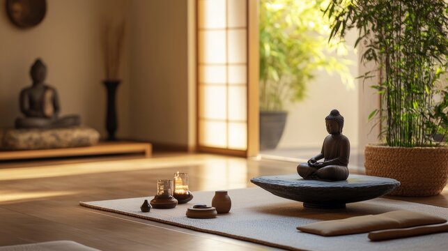 A peaceful meditation room with meditation tools and calming decor, Meditation tools and serene atmosphere meticulously arranged, Zen retreat style
