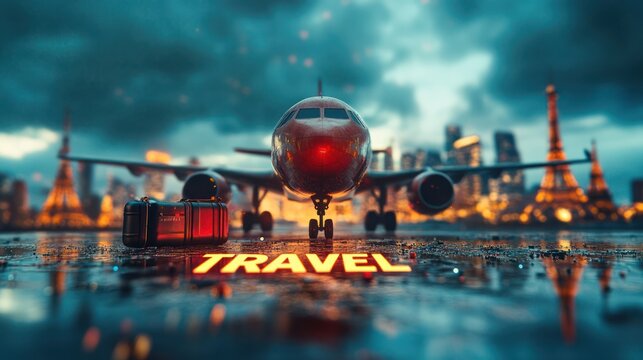 Airplane on the runway in front of a cityscape with the word "TRAVEL" on the ground.