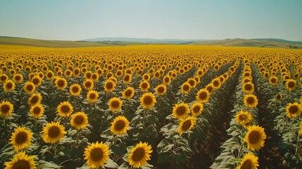 Naklejka premium Aerial view of sunflower field with blue sky. Agricultural landscape.