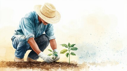 Farming for the Future: Watercolor Illustration of Sustainable Coffee Planting with Copy Space