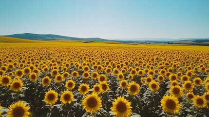 Aerial view of sunflower field with blue sky. Agricultural landscape.