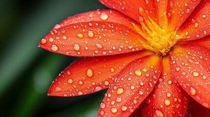 Fototapeta premium Vibrant red flower with water droplets on petals against a green background.