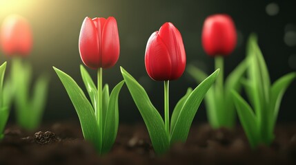 Obraz premium Vibrant red tulips blooming in rich soil with soft sunlight.