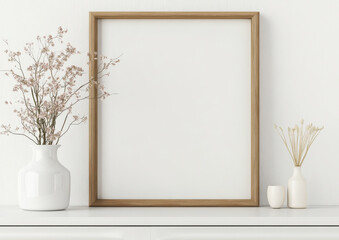 minimalist interior scene featuring wooden frame on white wall, accompanied by vase of dried flowers and decorative objects. This serene setup evokes sense of calm and simplicity