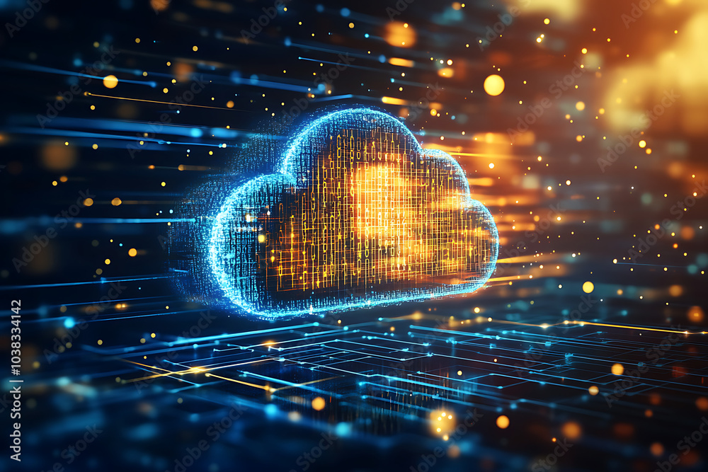 Poster digital cloud with data streams representing cloud computing and technology.