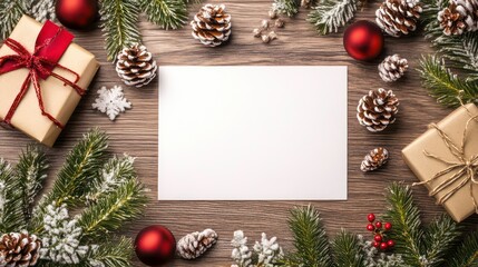 Blank white paper surrounded by Christmas decorations on a wooden background.