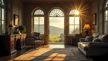 Beautiful architecture of the house overlooking the sunny landscape