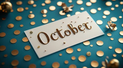 A white card with the word "October" written in gold script on a blue background surrounded by gold confetti.