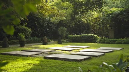 Fototapeta premium A peaceful tai chi session in a serene garden setting, Tai chi mats arranged for mindful practice, Natural photo of