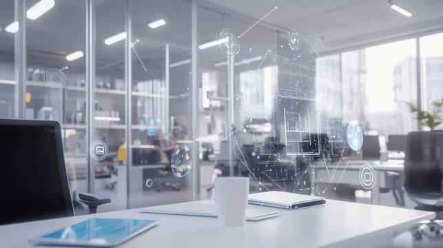 A sophisticated AI-powered virtual event management platform, modern office with interactive digital event planning tools, Event style