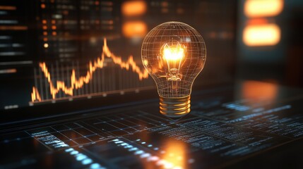 Light bulb shining over a graph, idea and business growth, 3D illustration 