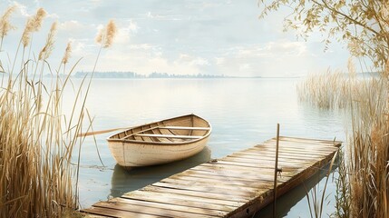 Obraz premium Serene Boat at Tranquil Lake Shoreline