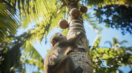Obraz premium Monkey Climbing Coconut Tree with Agility