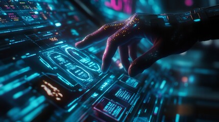Futuristic digital interface with human hand interacting with holographic display, showcasing advanced technology and cybernetic integration in neon-lit environment.