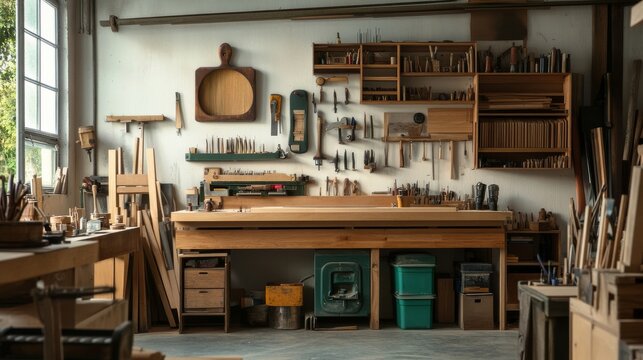 A peaceful woodworking studio with handcrafted furniture and woodworking tools, Woodworking materials and projects arranged for craftsmanship, Classic photo of