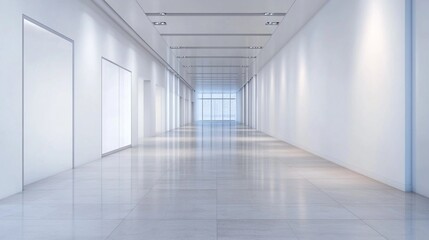 Fototapeta premium Pristine white corridor stretches towards a bright window, embodying modern minimalism with its clean lines, reflective floors, and seamless walls illuminated by recessed lighting.