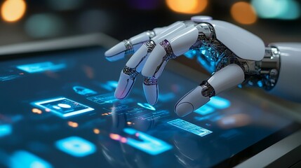 Futuristic robotic hand interacting with digital interface on touchscreen device, symbolizing AI and human-machine interaction in modern technology.