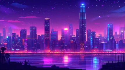 Vibrant Night Cityscape with Illuminated Skyscrapers