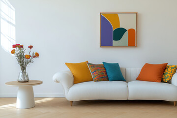 modern living room featuring stylish white sofa adorned with colorful cushions, complemented by round wooden table and vibrant flower vase. artwork on wall adds touch of creativity and warmth