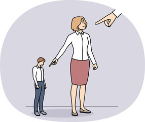 Businesspeople point with finger on colleague or coworker. Employees lay blame and guilt on...