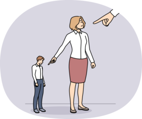 Businesspeople point with finger on colleague or coworker. Employees lay blame and guilt on subordinate. Concept of responsibility and management.